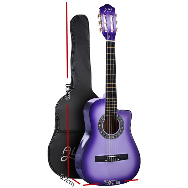 Alpha 34" Inch Guitar Classical Acoustic Cutaway Wooden Ideal Kids Gift Children 1/2 Size Purple with Capo Tuner