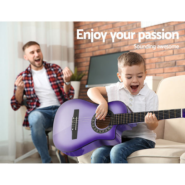 Alpha 34" Inch Guitar Classical Acoustic Cutaway Wooden Ideal Kids Gift Children 1/2 Size Purple with Capo Tuner