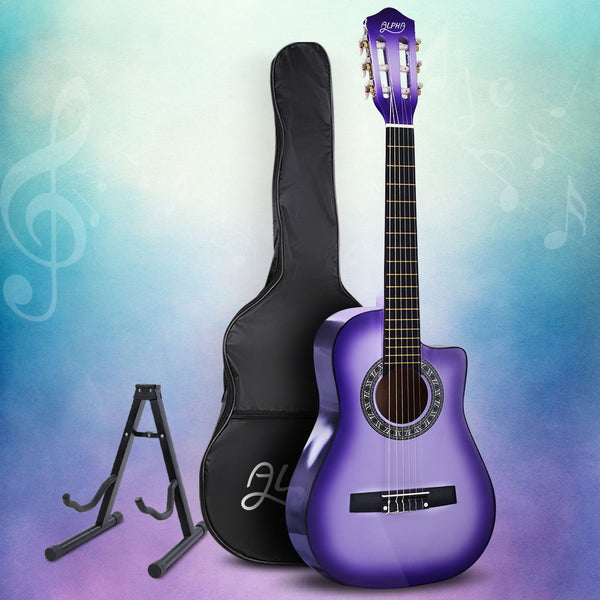 Alpha 34" Inch Guitar Classical Acoustic Cutaway Wooden Ideal Kids Gift Children 1/2 Size Purple with Capo Tuner