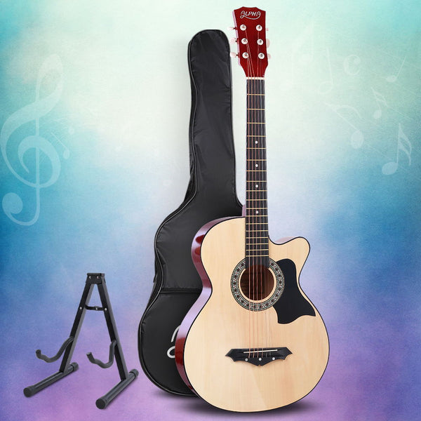 ALPHA 38 Inch Wooden Acoustic Guitar with Accessories set Natural Wood