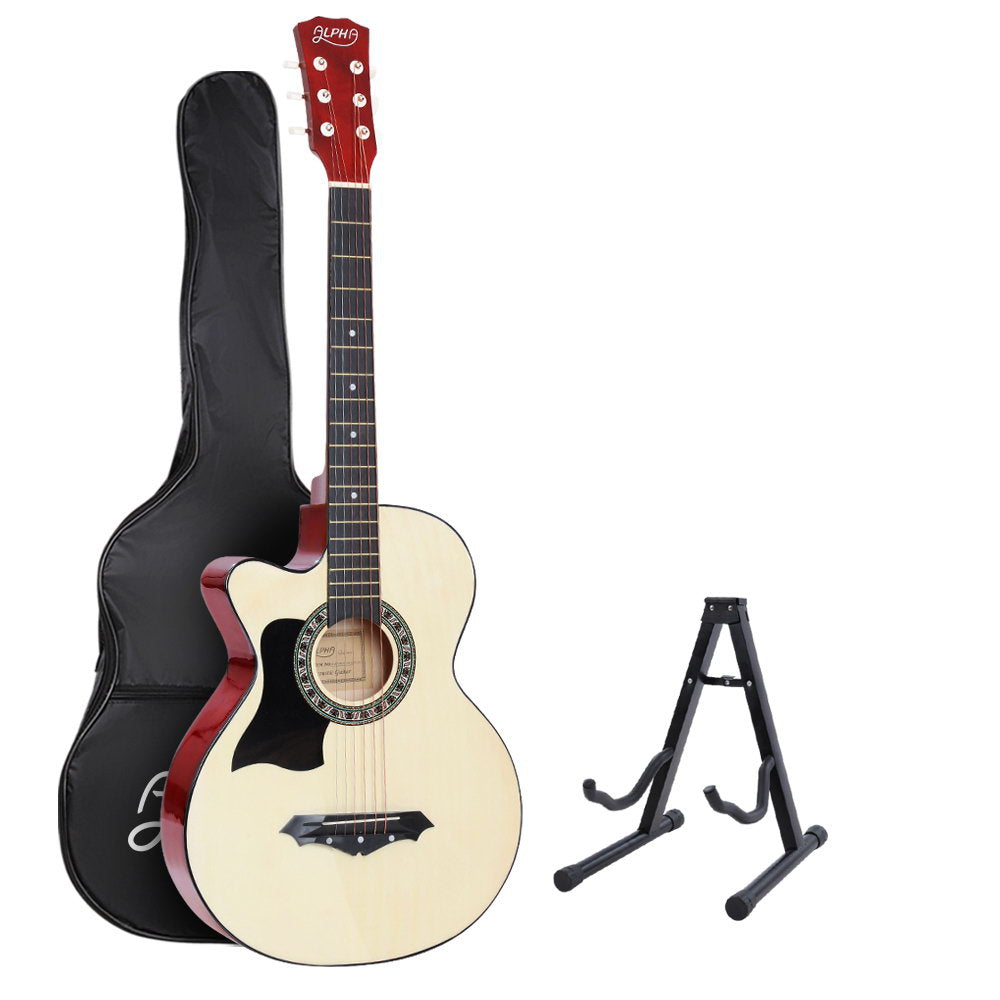 ALPHA 38 Inch Wooden Acoustic Guitar Left handed with Accessories set Natural Wood