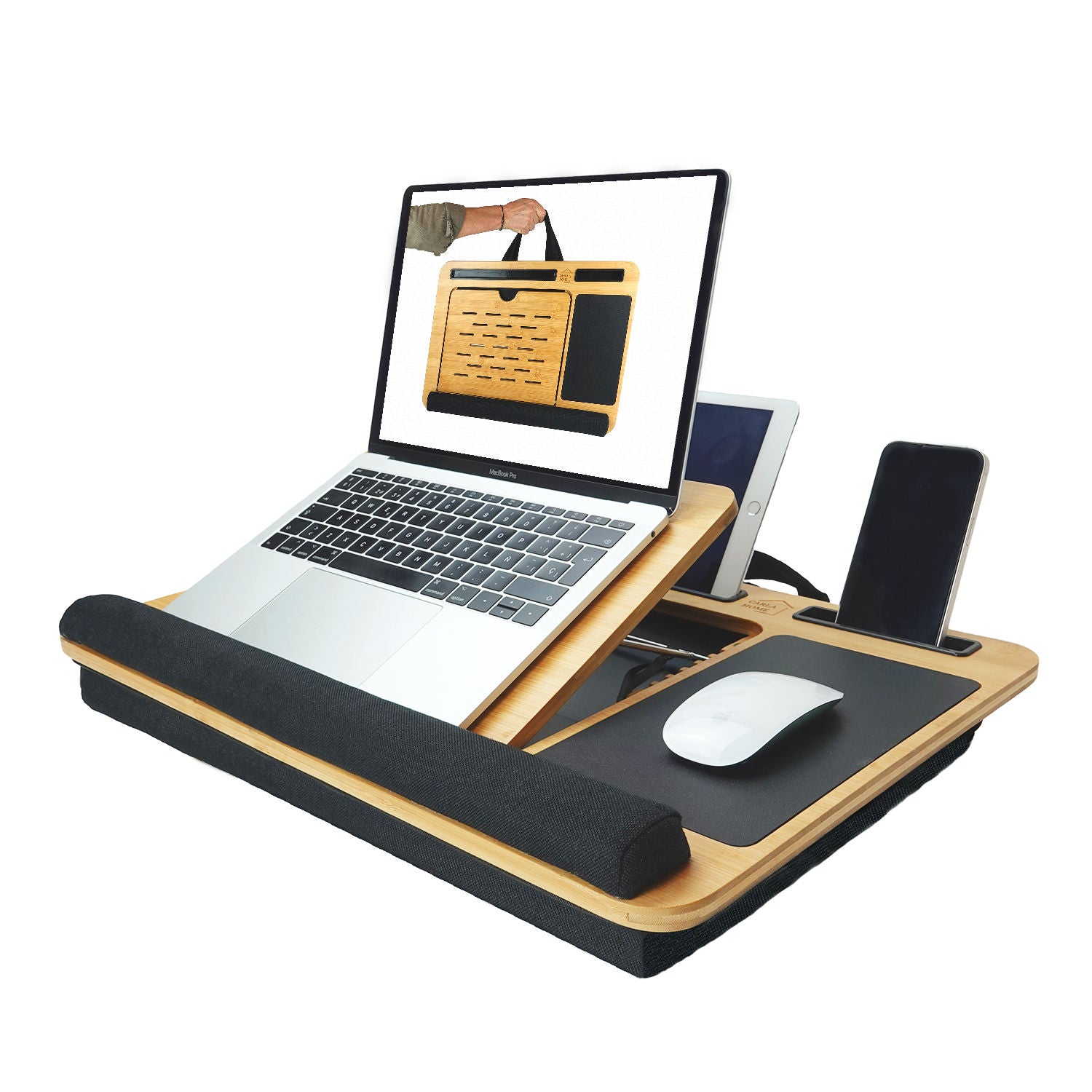 CARLA HOME Bamboo Laptop Lap Desk with Cushion and Angle Adjustable for Office and Home