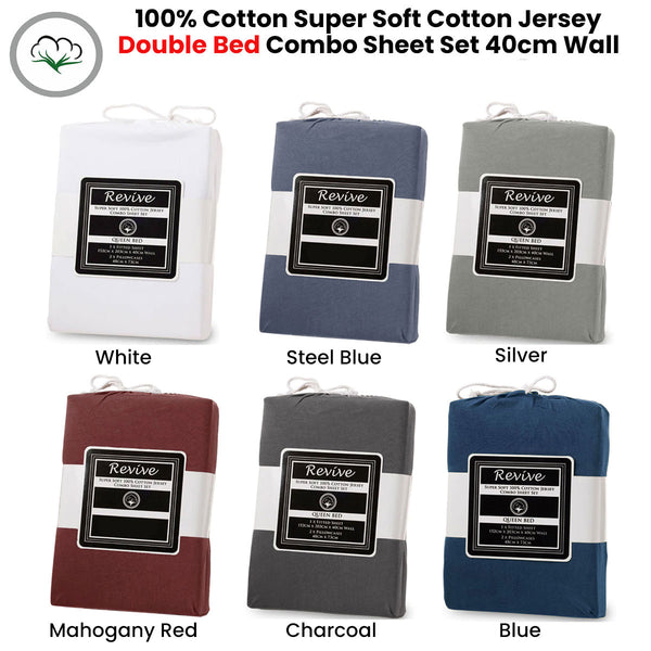 Revive Silver 100% Cotton Jersey Super Soft Fitted Sheet Combo Set Double 38cm Wall