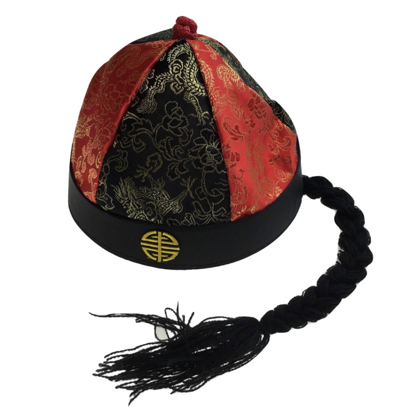 CHINESE LANDLORD HAT Oriental Asian Cap w Ponytail Party Costume Traditional - Black/Red