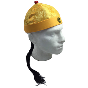 CHINESE LANDLORD HAT Oriental Asian Cap w Ponytail Party Costume Traditional - Yellow