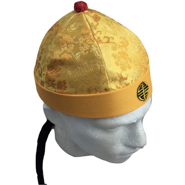 CHINESE LANDLORD HAT Oriental Asian Cap w Ponytail Party Costume Traditional - Yellow