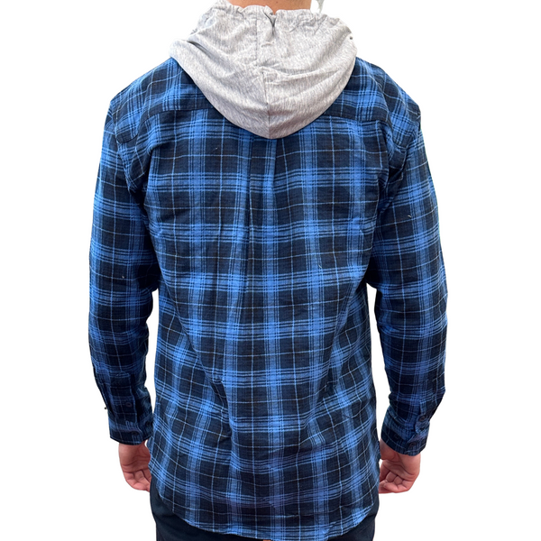 Mens Cotton Flannelette Shirt w Jersey Hood Long Sleeve Flannel - Blue - 2XL