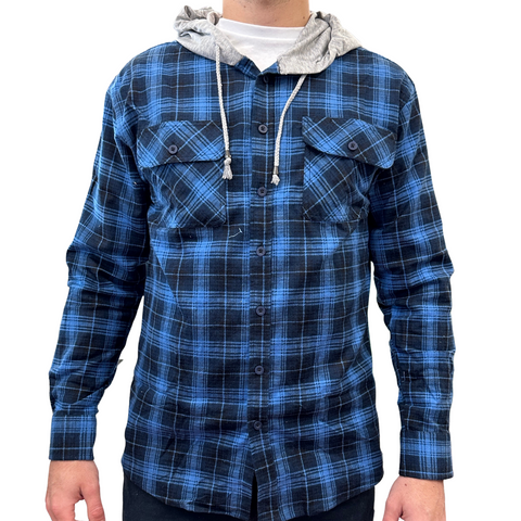 Mens Cotton Flannelette Shirt w Jersey Hood Long Sleeve Flannel - Blue - L