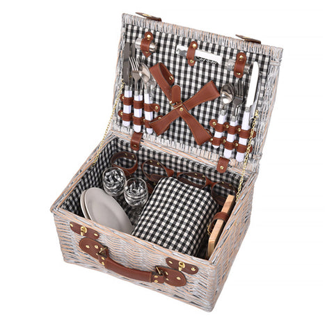 4 Person Picnic Basket Set Outdoor Blanket Deluxe Wicker Gift Storage