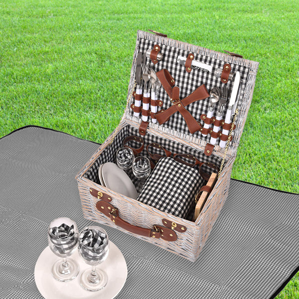 4 Person Picnic Basket Set Outdoor Blanket Deluxe Wicker Gift Storage