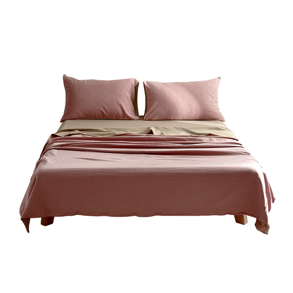 Cosy Club Washed Cotton Sheet Set Pink Brown Single