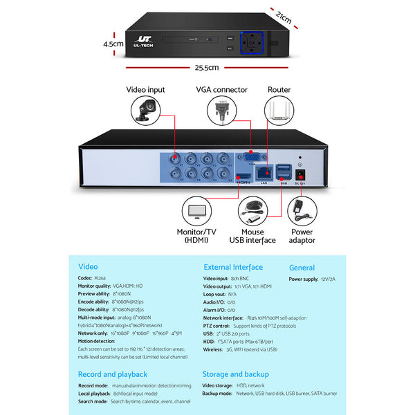 UL-tech CCTV Camera Home Security System 8CH DVR 1080P 1TB Hard Drive Outdoor