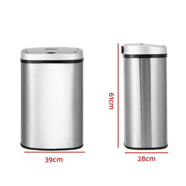 Devanti Sensor Bin Motion Rubbish Stainless Trash Can Automatic Touch Free Bins