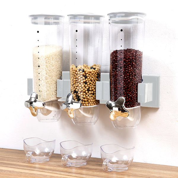 Wall Mounted Triple Cereal Dispenser Dry Food Storage Container Dispense Machine