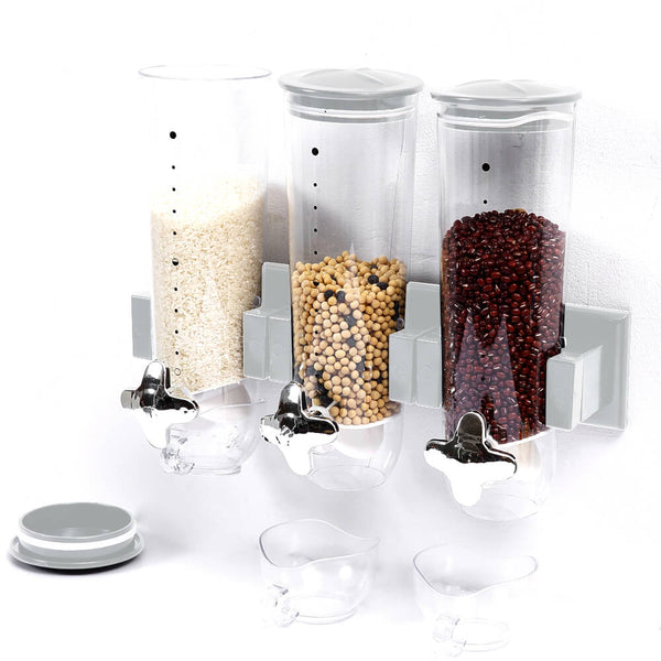 Wall Mounted Triple Cereal Dispenser Dry Food Storage Container Dispense Machine