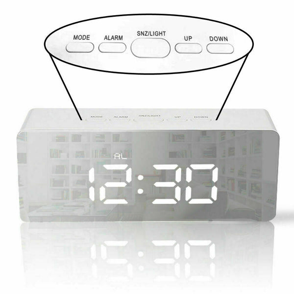 Digital LED Mirror Alarm Clock Temperature LED Light Table Time Bedside Clock AU