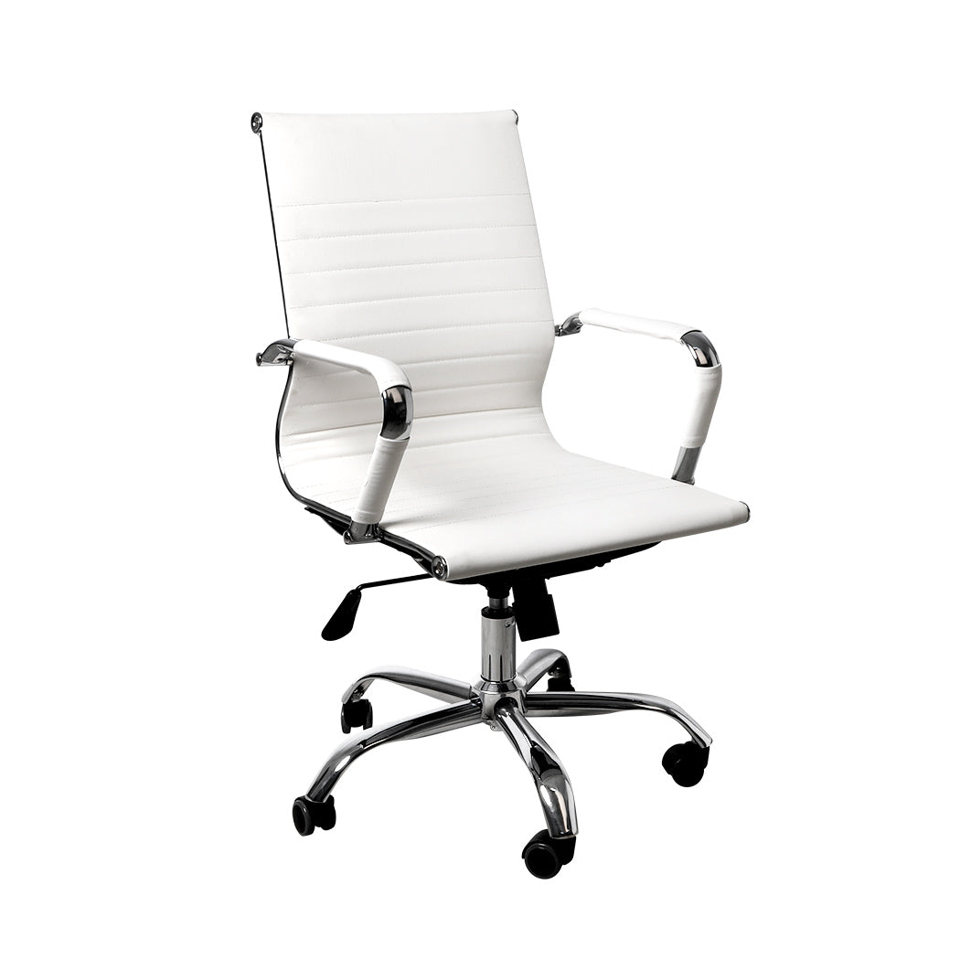 Office Chair Home Work Study Gaming Chairs PU Mat Seat Mid-Back Computer White