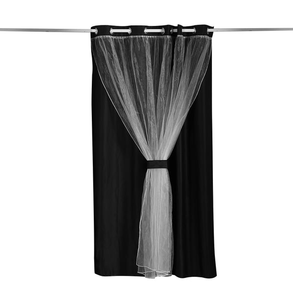 2x Blockout Curtains Panels 3 Layers with Gauze Room Darkening 180x213cm Black