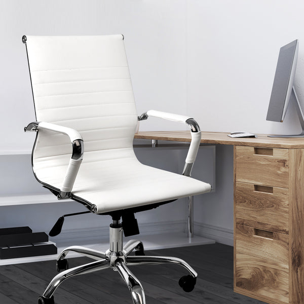 Office Chair Home Work Study Gaming Chairs PU Mat Seat Mid-Back Computer White