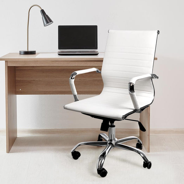 Office Chair Home Work Study Gaming Chairs PU Mat Seat Mid-Back Computer White