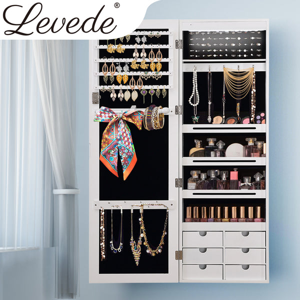 Levede Jewellery Cabinet Full Length Mirror Mirrored Organizer Box Stand White